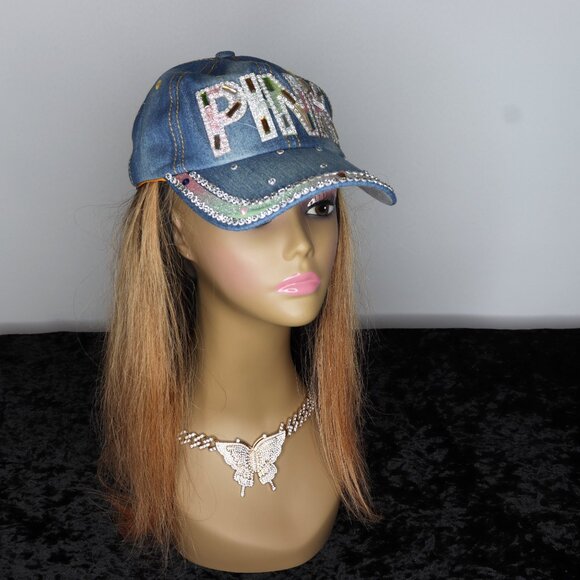 PINK Rhinestone Embellished Denim Cap - Picture 2 of 3
